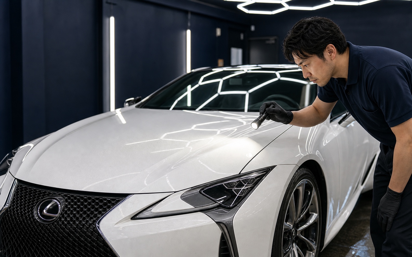 照明を当てて車の水アカやくすみを確認するスタッフ