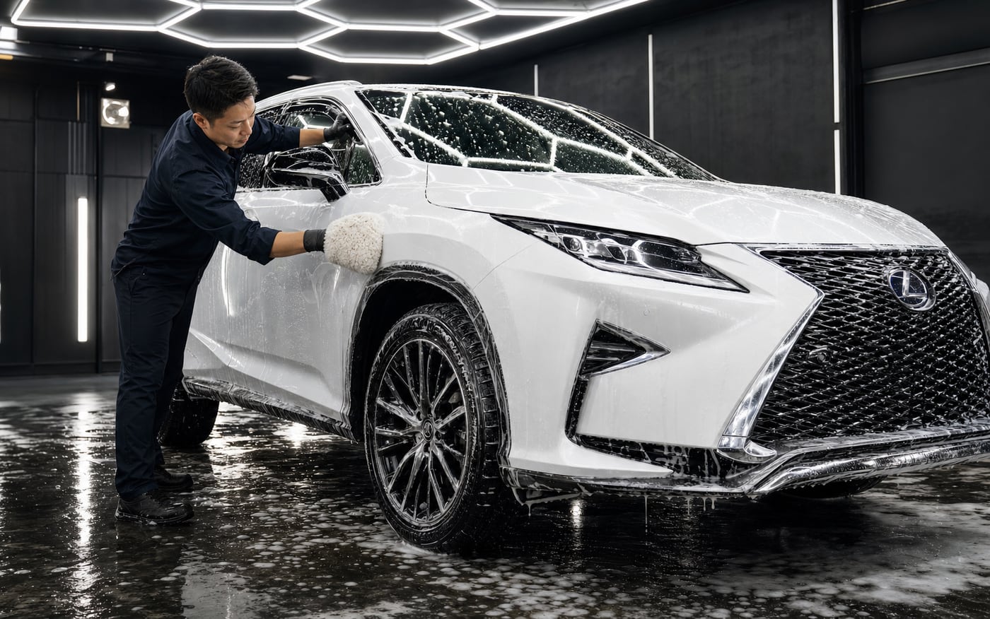 白いレクサスRXを泡とムートンで手洗い洗車している様子